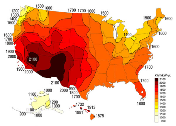 solar panels for swimming pools: kWh/kW-yr. map of the U.S.A.